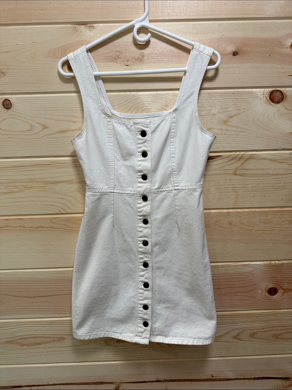 Button-Front White Mini Dress with Square Neck
